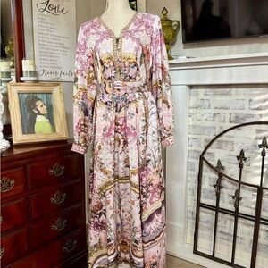 Floral Maxi Dress with Pink and Gold Accents